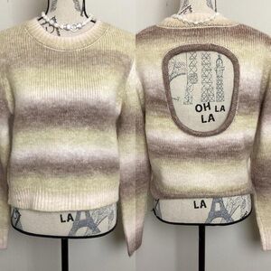 Women’s Cream Brown Yellow Boxy Knit 🧶 Long Sleeves Sweater Open Back Pullover
